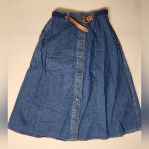Vtg Jantzen Country Gear Denim Skirt High Waisted A-Line Jean Midi Belted Sz 10
